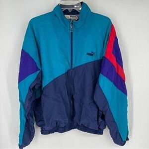 Vintage 90s Puma 100% Nylon Full Zip Windbreaker Jacket Blue Running Track Large